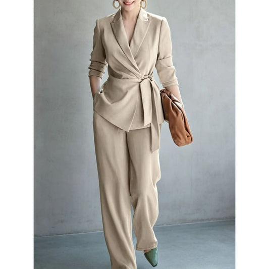 Fashionable Elegant Women's Casual Solid Color Suit Set with Belted Top and Pants 