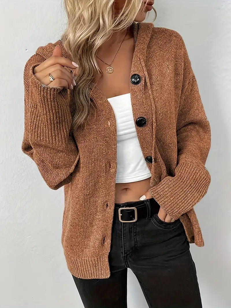 Solid color hooded single breasted sweater for women 