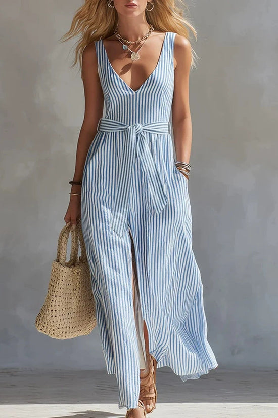 Fresh Blue and White Striped Sleeveless Long Dress with V-Neck, Waist-Tie, Side Split, Beach Dress 