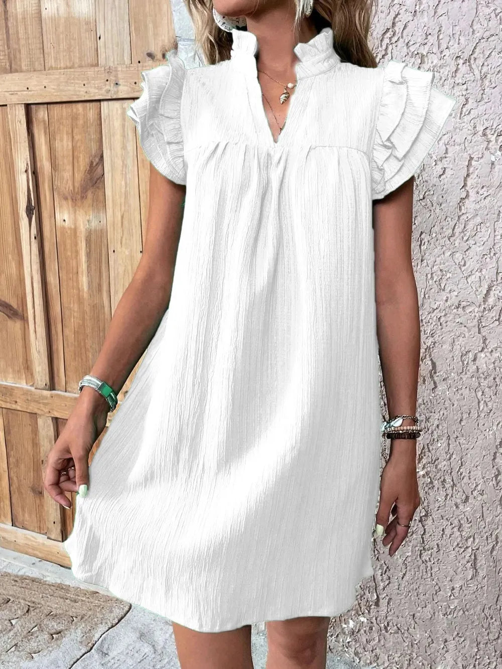 Ruffled Notched Cap Sleeve Mini Dress 