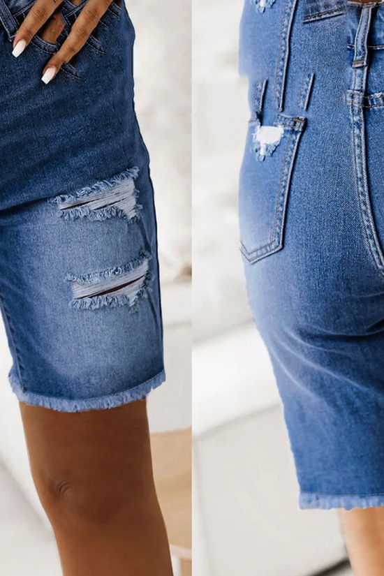 Cotton Denim Shorts Summer Mid-Length Frayed Hem Distressed Hot Pants 