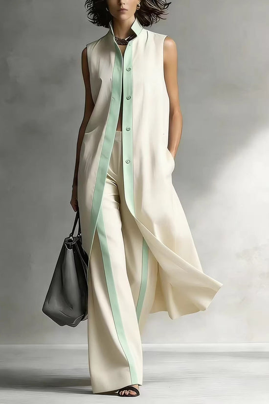 Color blocking loose vest cardigan pants set 