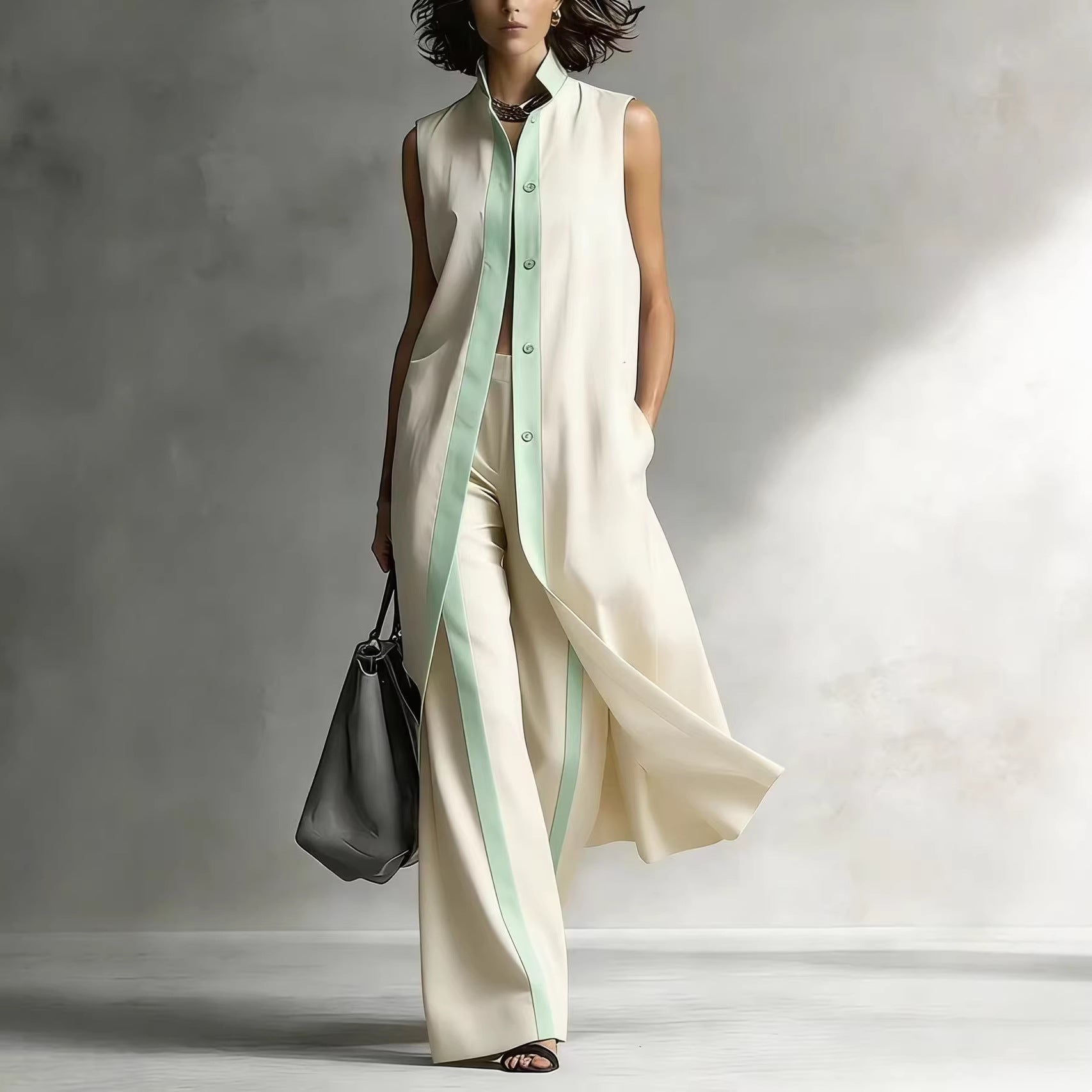 Color blocking loose vest cardigan pants set 