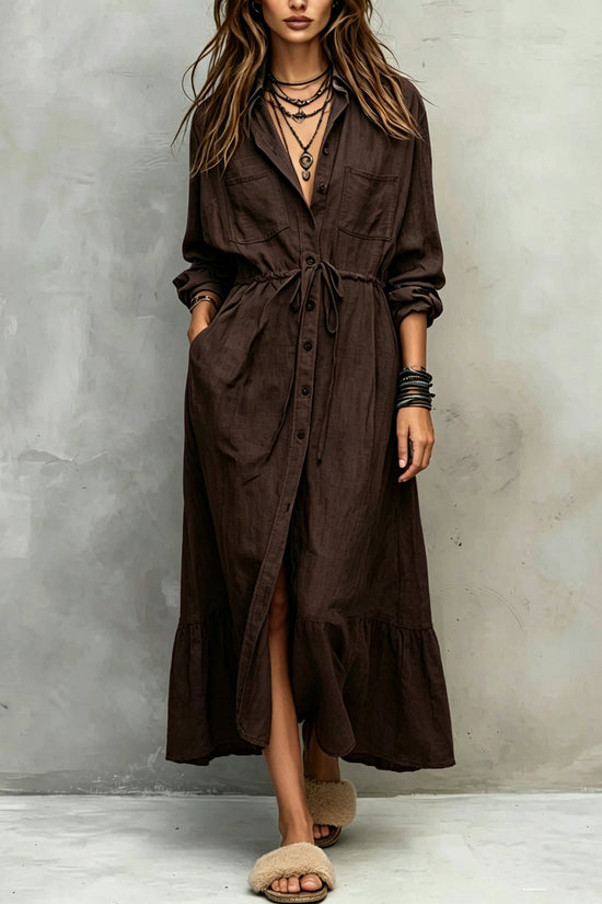 Spring and Autumn Casual Drawstring Waist Shirt Dress Loose Style for Women 