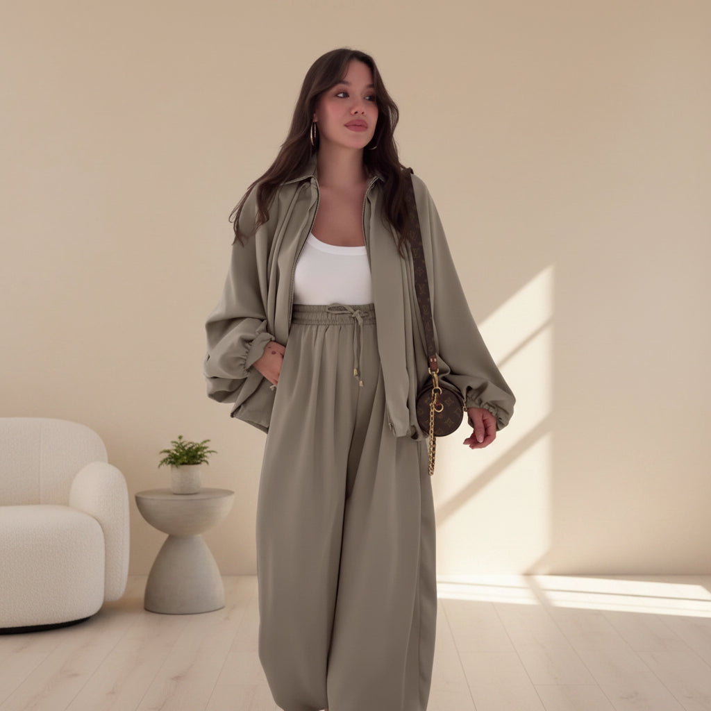 Flip collar long sleeved jacket and long pants 2-piece set 