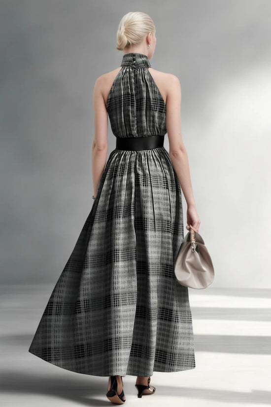 Sleeveless plaid high waisted lace up A-line long skirt 