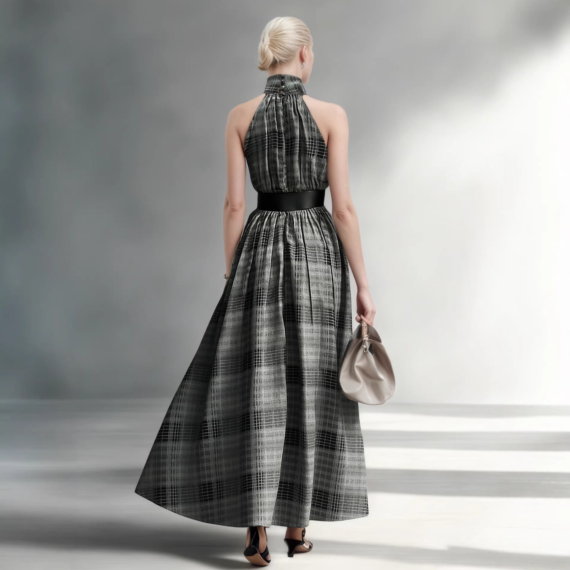 Sleeveless plaid high waisted lace up A-line long skirt 