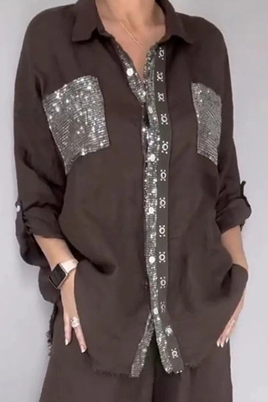New Fashion Casual Women's Set with Pocket Placket and Gold Embellished Round Neck Design 