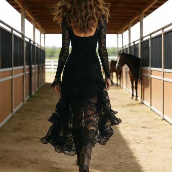 ElegantSolid Color Lace Panel High-Waisted Long Sleeve Square Neck Long Dress 