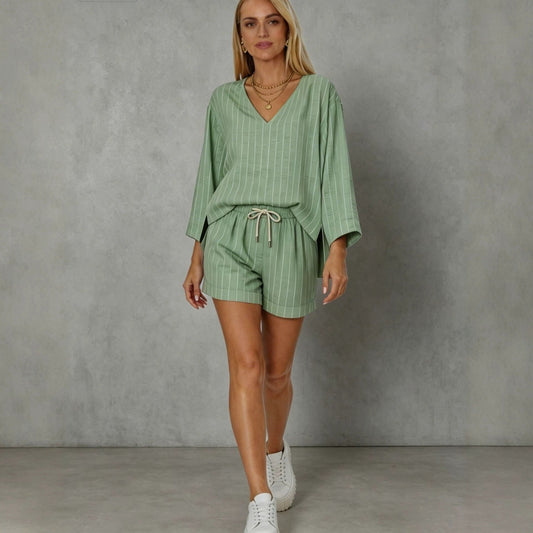 Loose V-neck long sleeved shorts striped set 