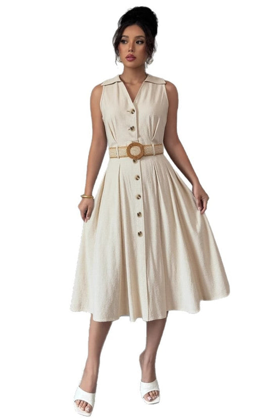 V-neck sleeveless breasted waistband A hem shirt dress for women 