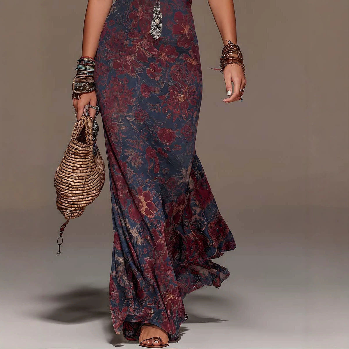 Hanging neck women's lace deep V sleeveless slim fit Bohemian dress 