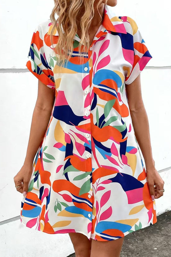Summer New Fashion Colorful Floral Printed Open Front Short Sleeve Shirt Dress 