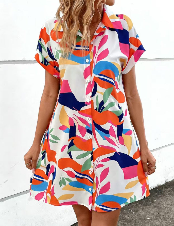 Summer New Fashion Colorful Floral Printed Open Front Short Sleeve Shirt Dress 