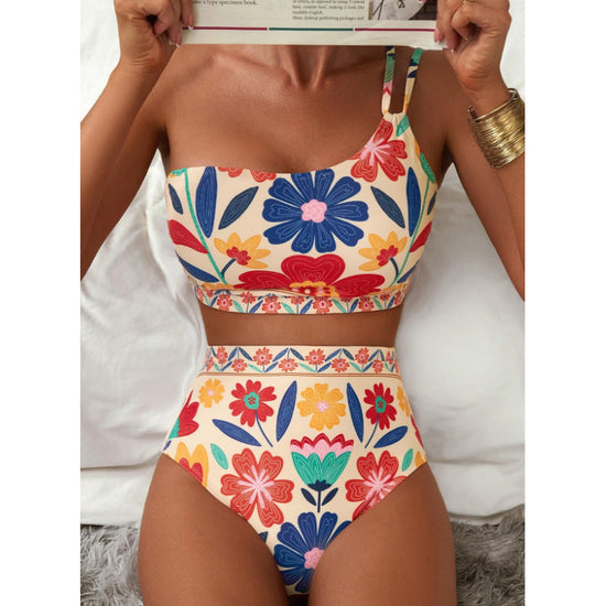 New women's high waisted bikini set with one shoulder floral print swimsuit, 2-piece set, belly cinching swimsuit 
