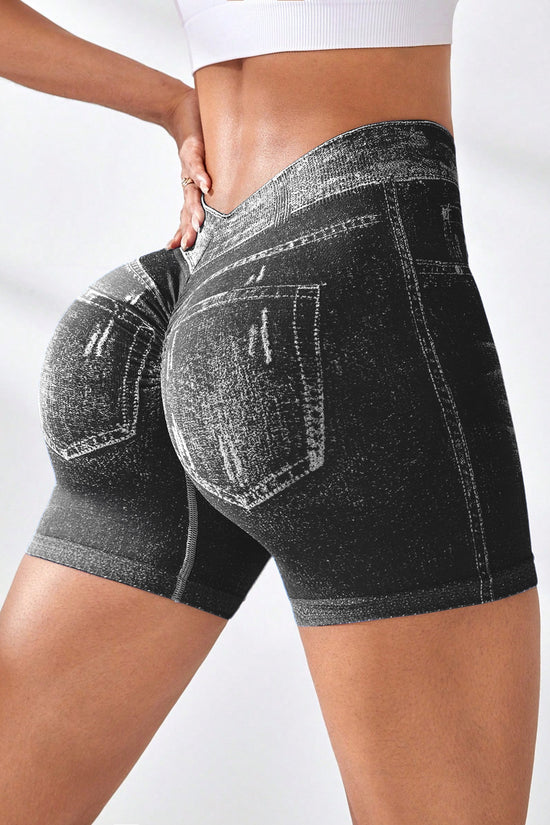 Denim Seamless Yoga Shorts for Women, Back V-Waist Hip-Lifting Quick-Dry Fitted Running Fitness Shorts