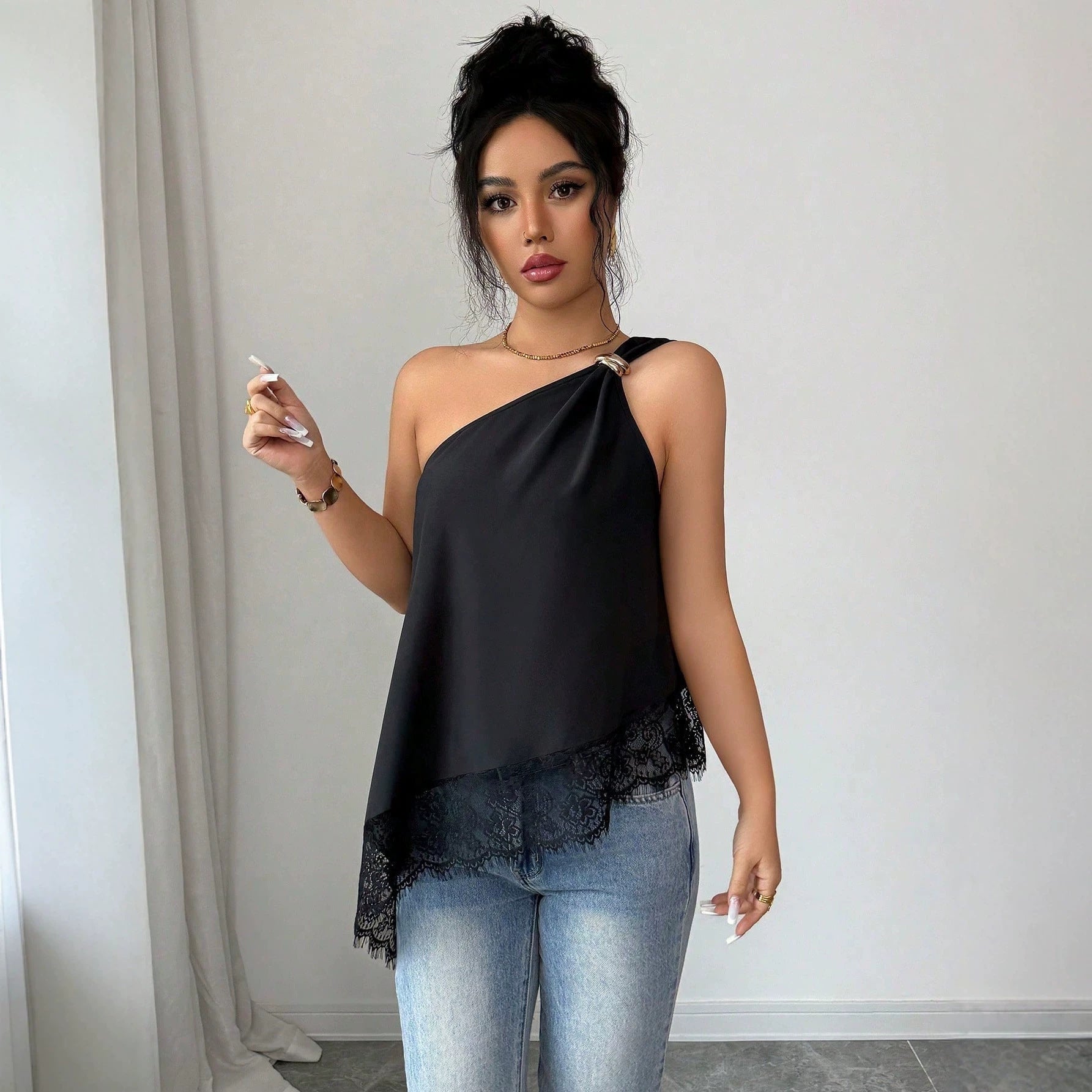 Slanted shoulder metal buckle lace patchwork irregular loose vest for women 