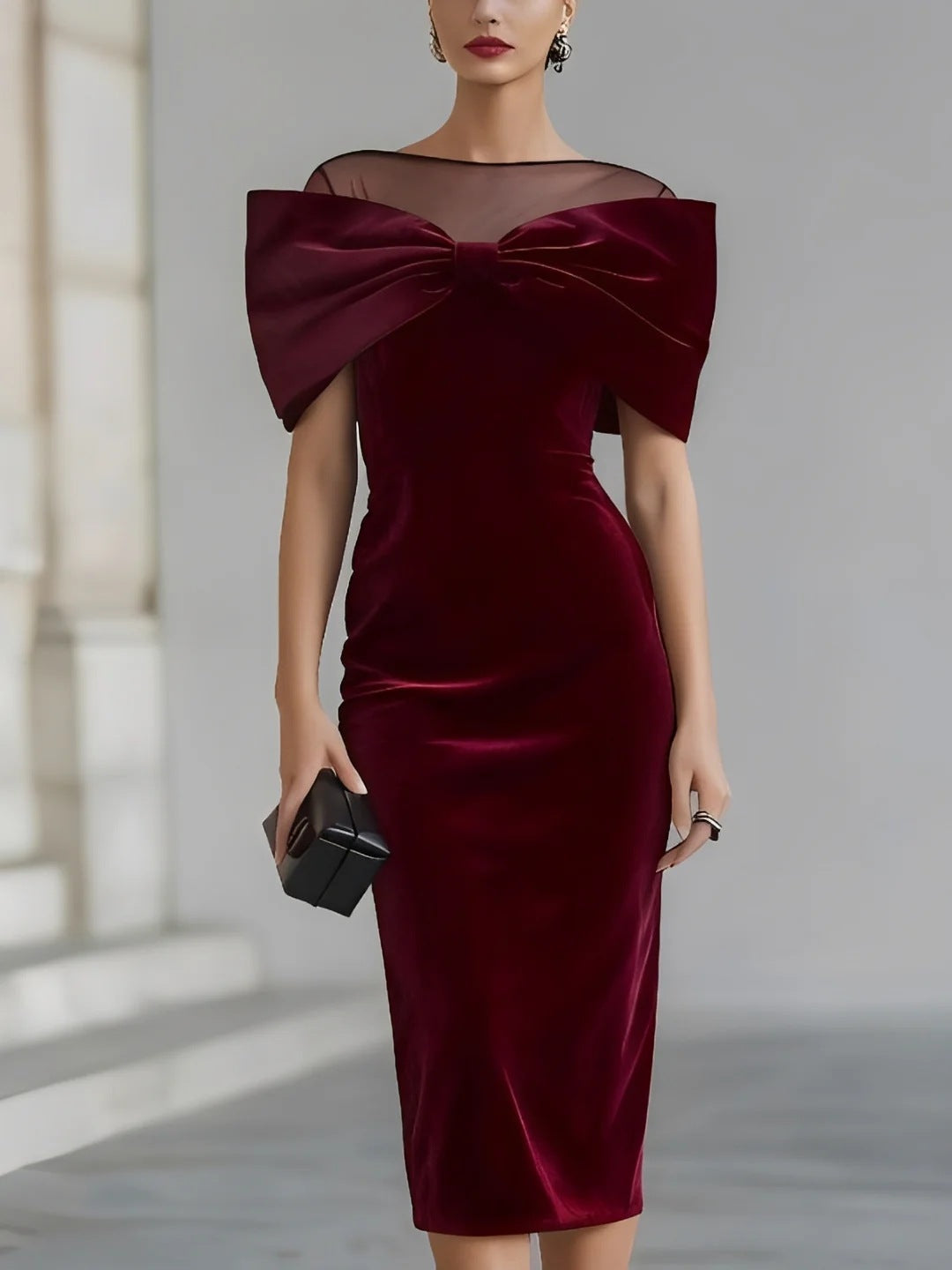 Chic Office Women's One-Shoulder Off-the-Shoulder Velvet Dress with Gold Thread 