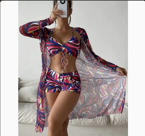 Fashionable Sexy Mesh Cover-Up with Leg-Length Briefs Three-Piece Swimwear Set for Women 