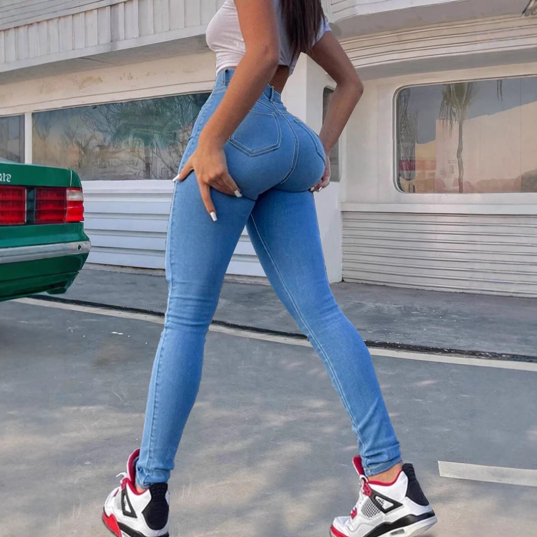 Light Blue Denim Skinny Pants Elastic Pencil Pants Casual Fashion Stretch Bottoms 