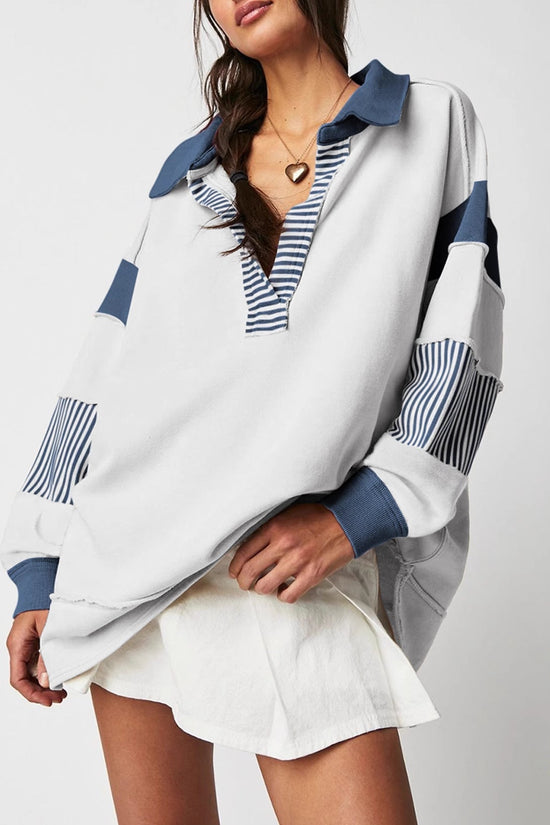 Casual Versatile Deep V-Neck Long Sleeve Loose Sweatshirt Top with Stripe Color Block Design 