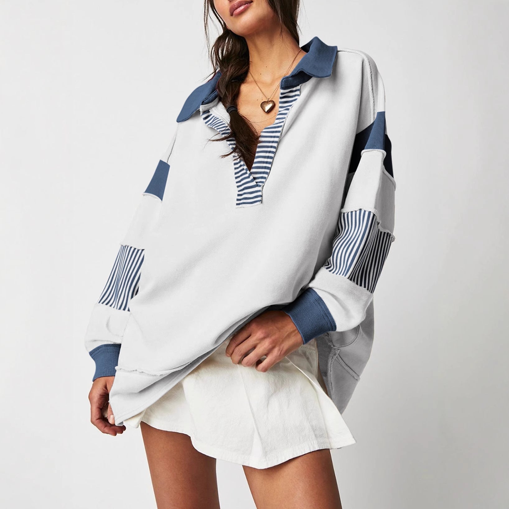 Casual Versatile Deep V-Neck Long Sleeve Loose Sweatshirt Top with Stripe Color Block Design 