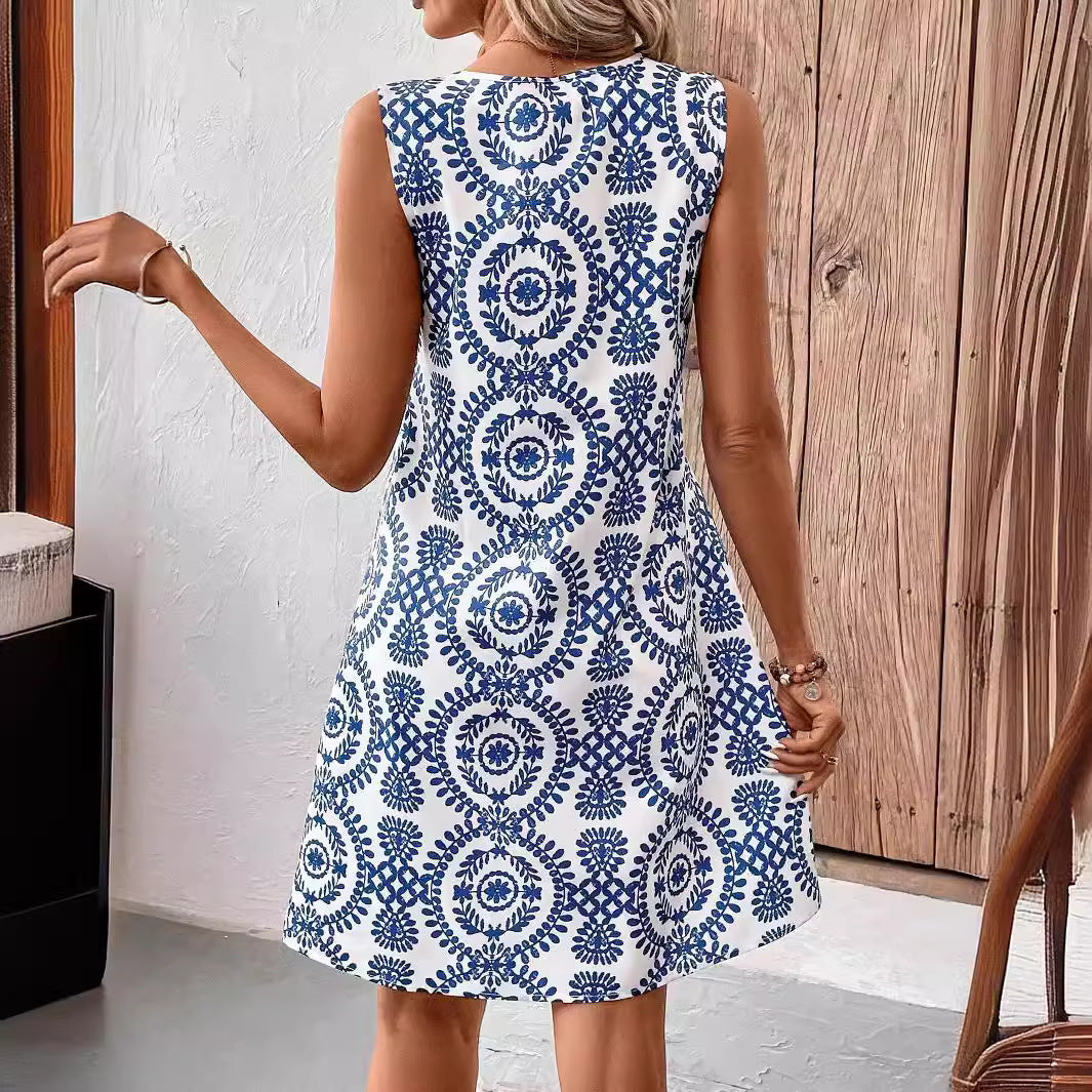 Elegant U-Neck Floral Print Sleeveless Dress with Ring Detail, Mid-Length Summer Dress for Women 