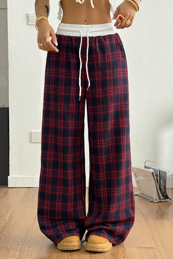 Loose Lazy Style Straight Leg Plaid Patchwork High Waist Drape Casual Sweatpants 