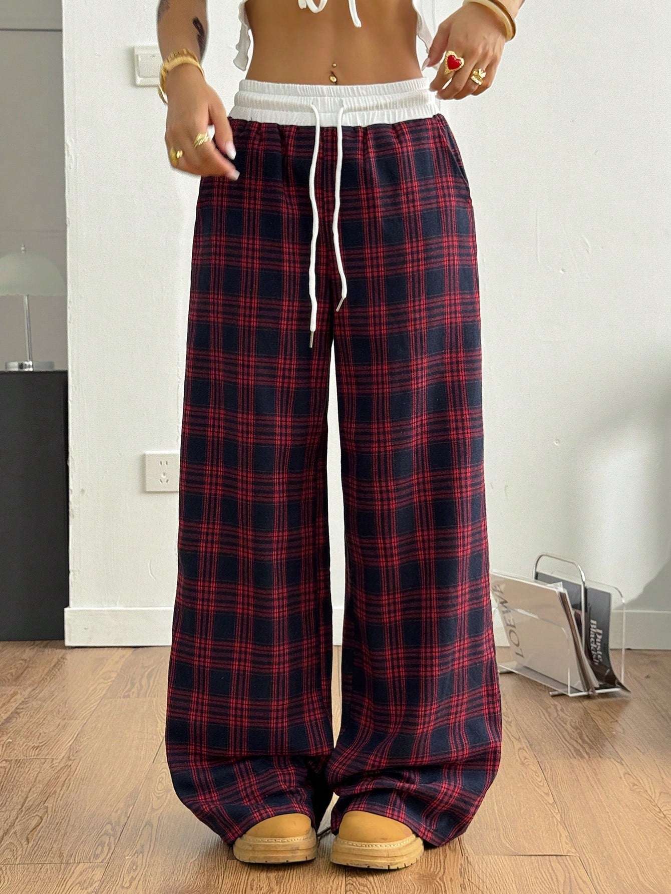 Loose Lazy Style Straight Leg Plaid Patchwork High Waist Drape Casual Sweatpants 