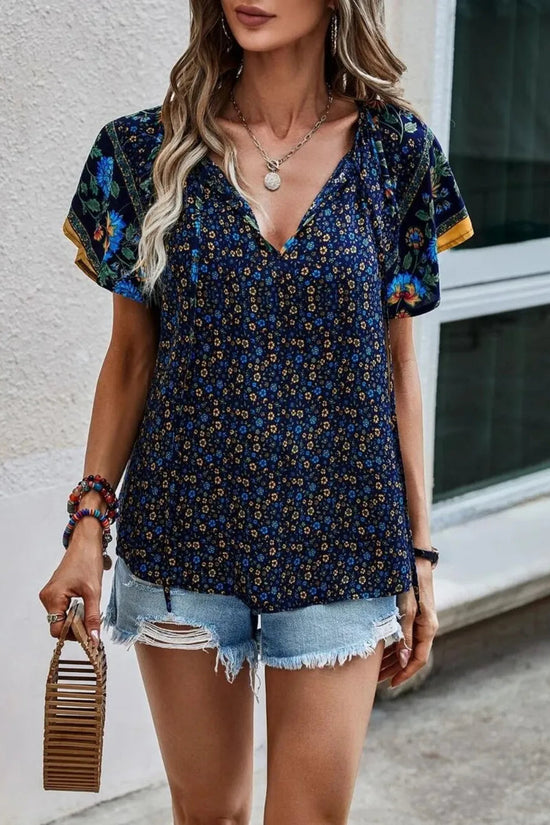 Printed Tie Neck Short Sleeve Blouse 