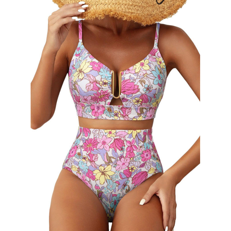 Floral Print High-Waisted U-Line Bikini Set Swimwear for Women 
