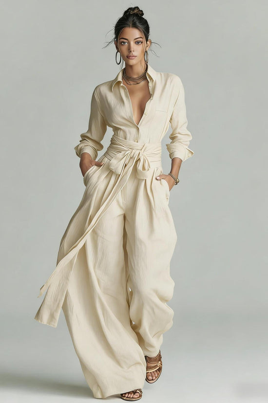 Solid color collar top high waisted pants two-piece set 