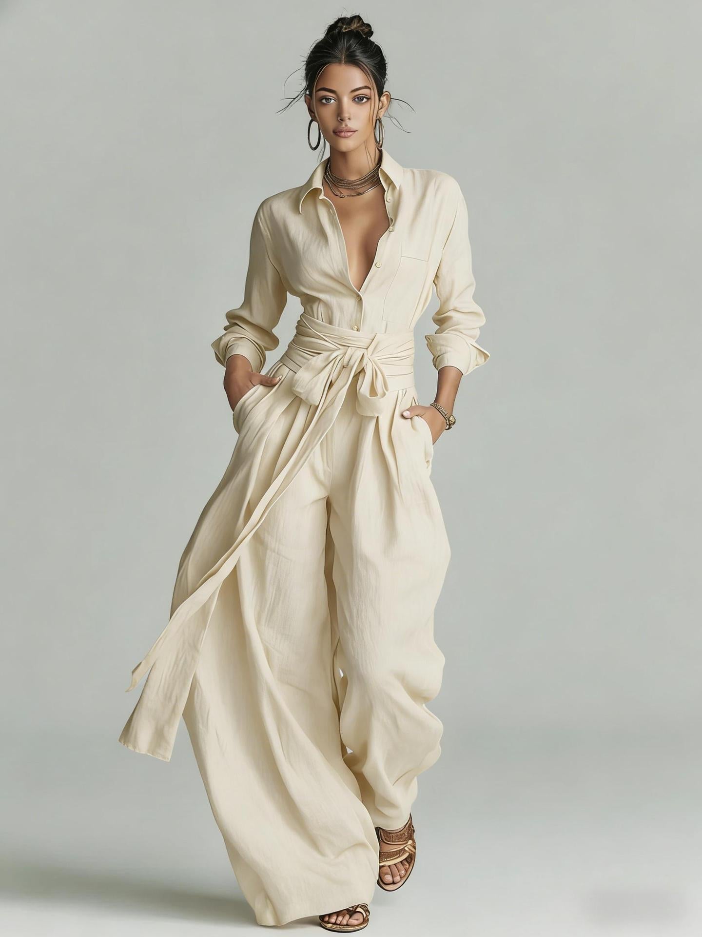 Solid color collar top high waisted pants two-piece set 