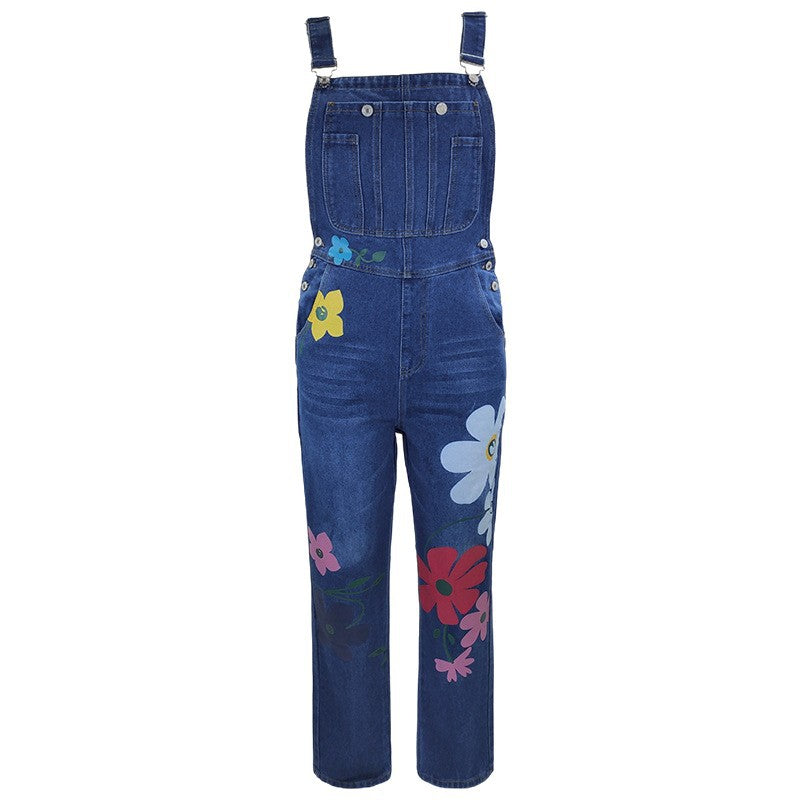 Summer Printed Overalls Denim Pants with Ripped Details, Loose Straight Leg Casual Stylish Versatile Long Pants for Women 