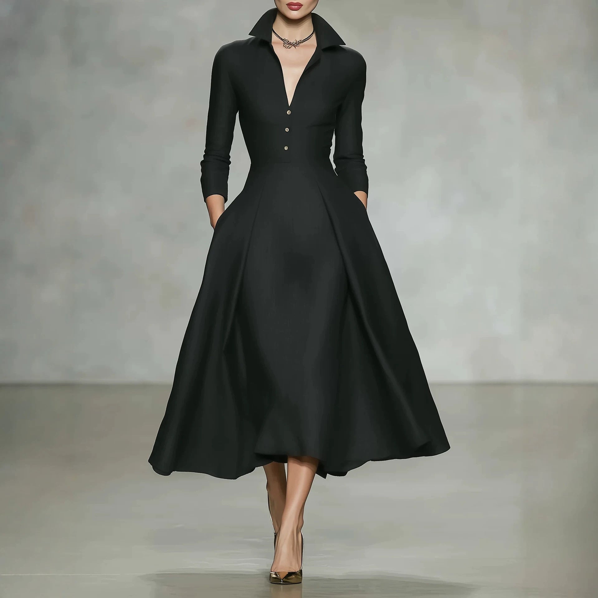 V-neck waist cinched long sleeved dress 