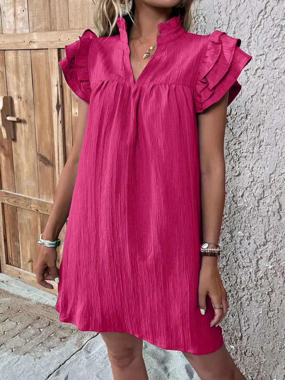 Ruffled Notched Cap Sleeve Mini Dress 