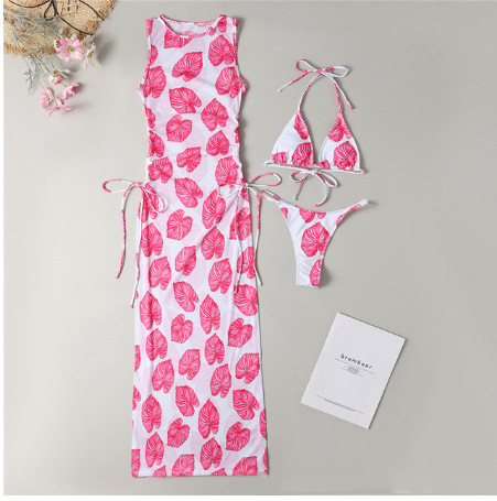 Bikini Swimwear Set, Solid Color Long Dress, Sexy Three-Piece Separated Swimsuit for Women 
