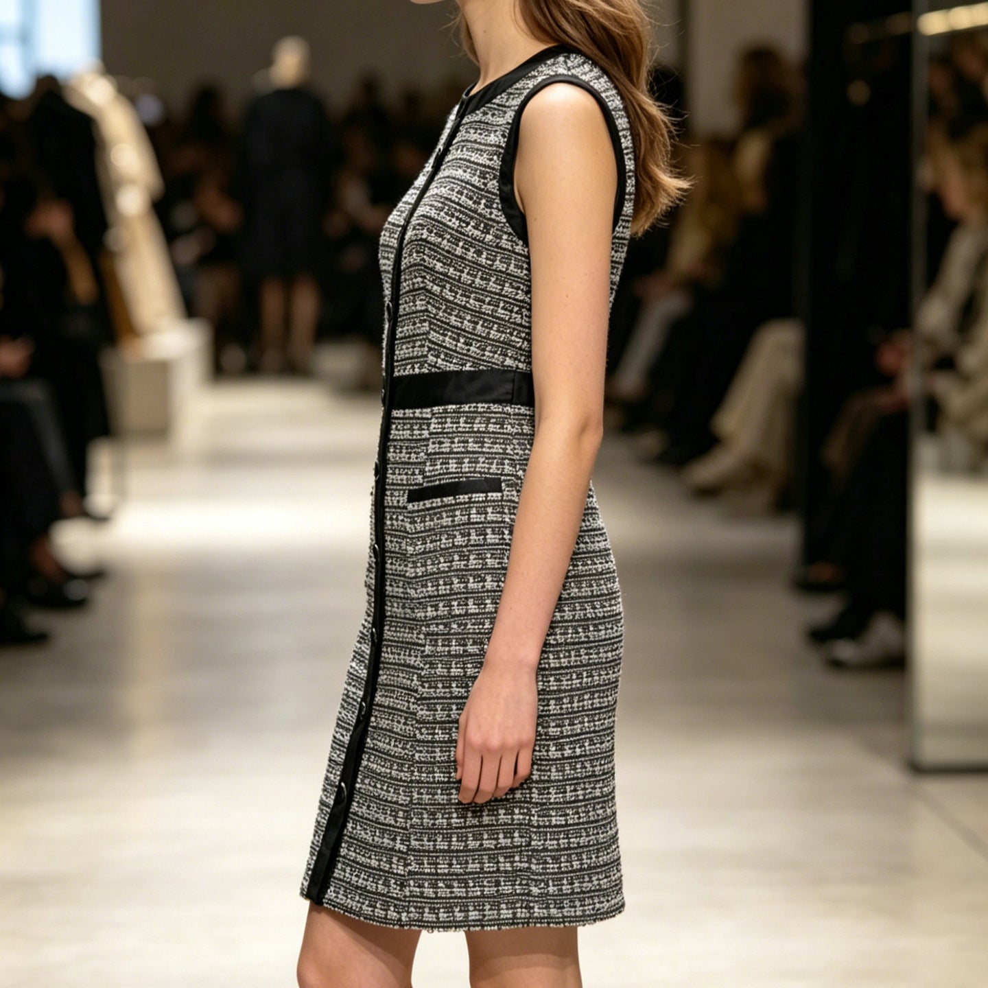 Vintage leather trimmed tweed vest A-line skirt dress 