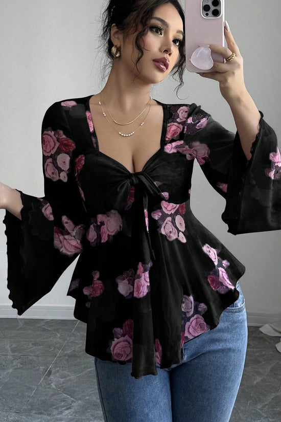 Sweet Floral Ombre Tie-Back Square Neck Long Sleeve Blouse 