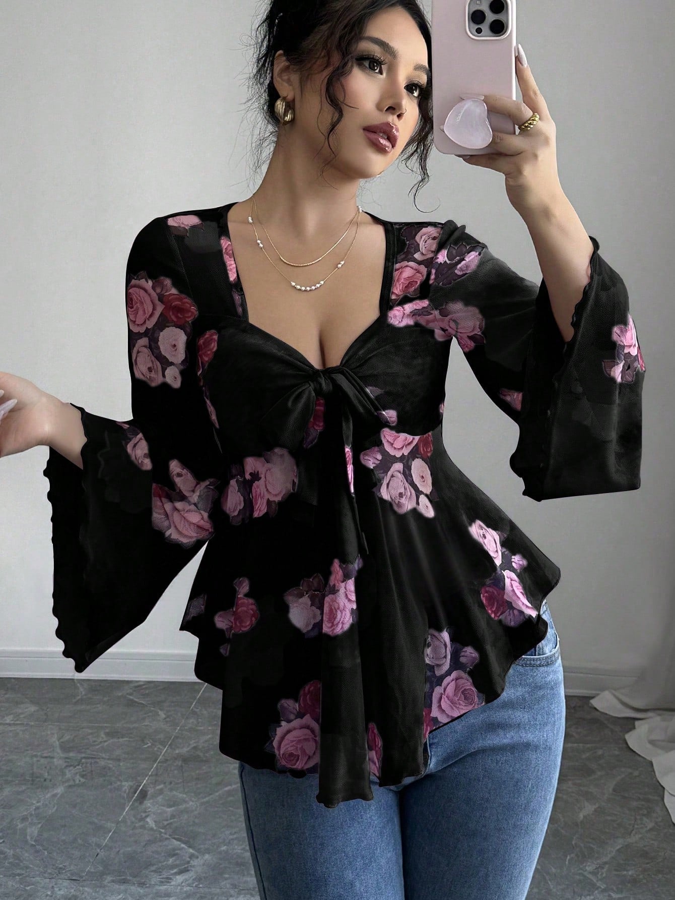 Sweet Floral Ombre Tie-Back Square Neck Long Sleeve Blouse 