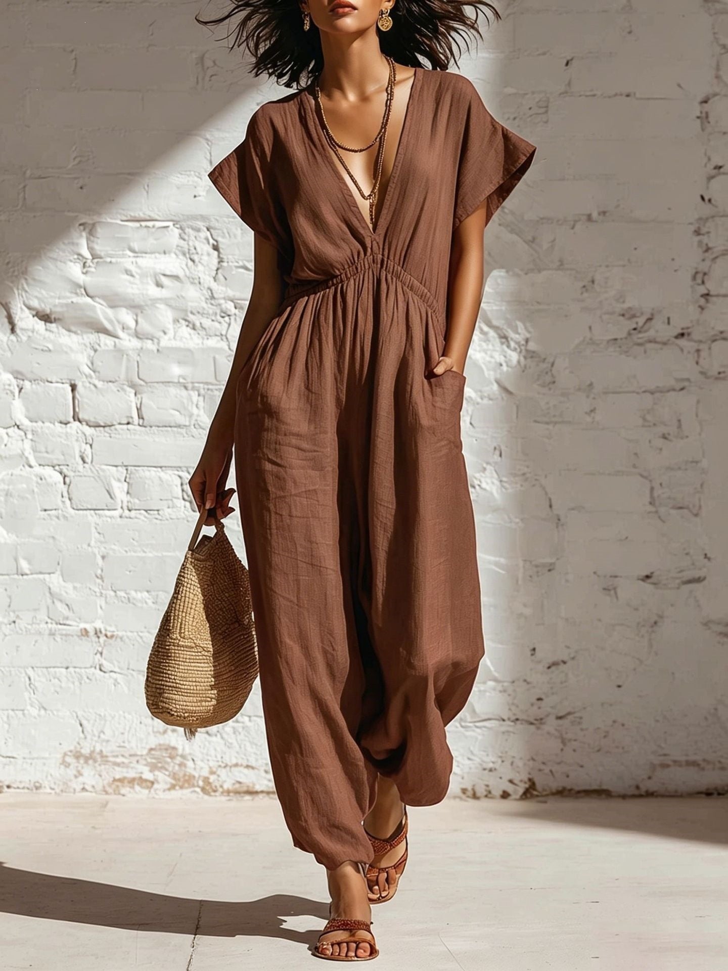 Deep V-neck loose fit pants for women 