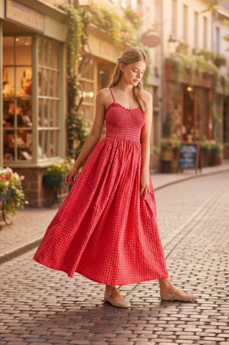 Summer Strap Retro Plaid A-line Slimming Dress for Women with Waist 