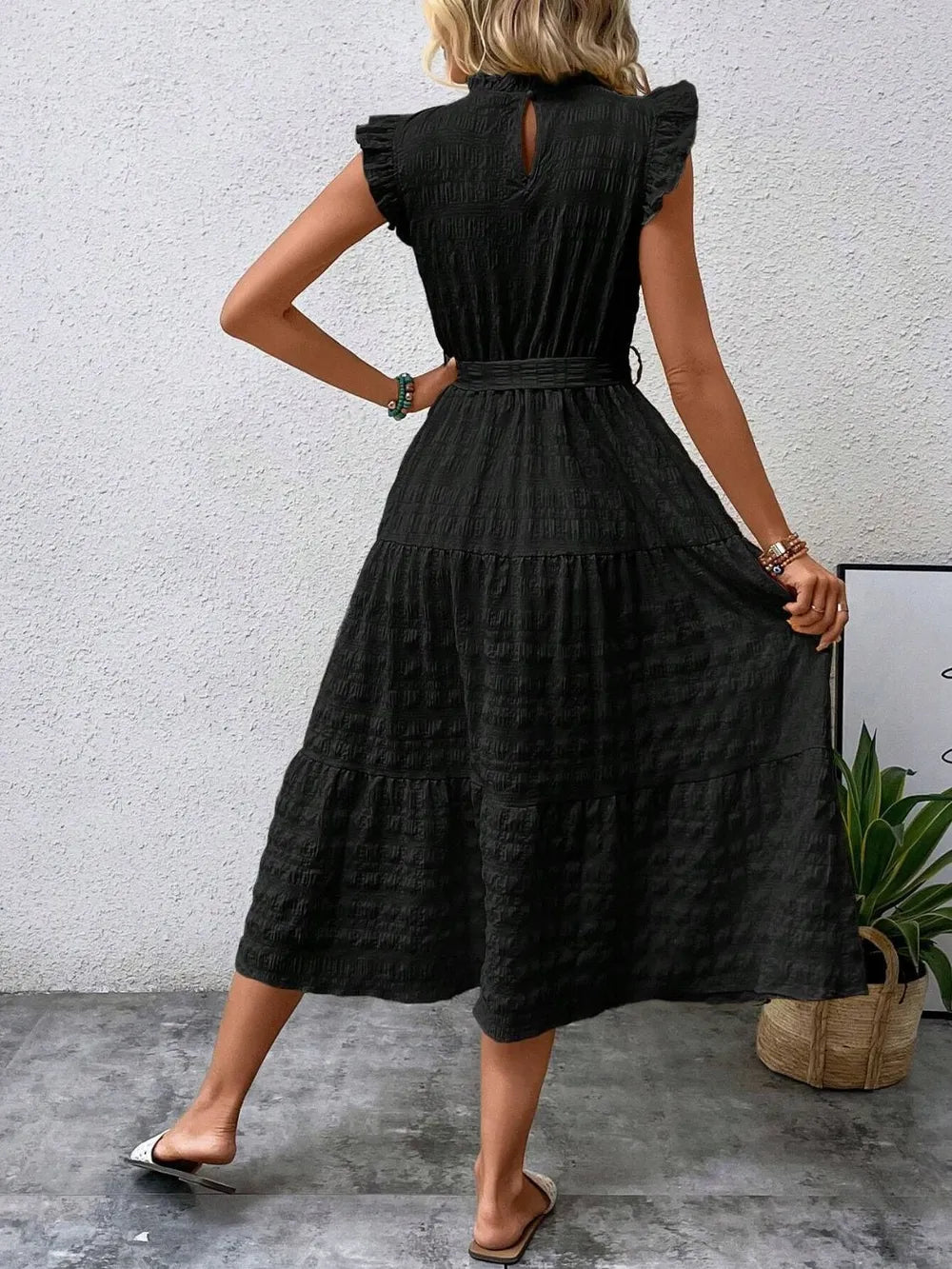 Tied Ruffled Cap Sleeve Midi Dress 