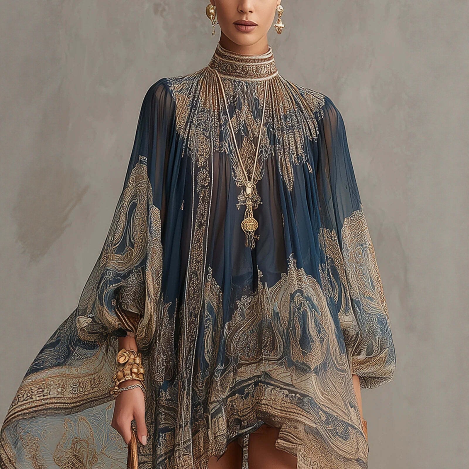 Printed Long Sleeve High Neck Loose Dress 