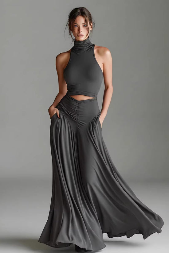 Style Sleeveless High Neck Top with Elegant Long Dress Two-Piece Set