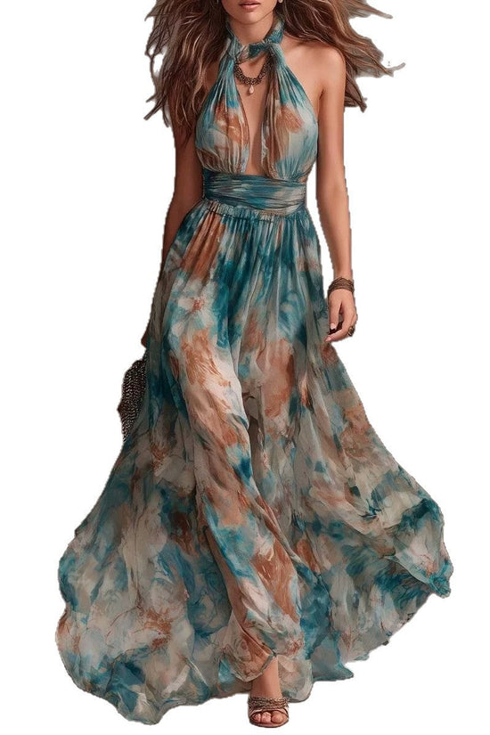 Hang Neck Backless Ink Print Vacation Style Casual Long Dress 