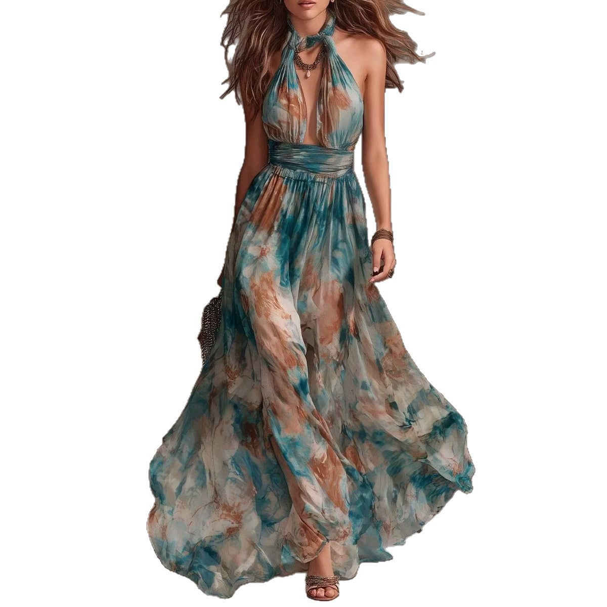 Hang Neck Backless Ink Print Vacation Style Casual Long Dress 