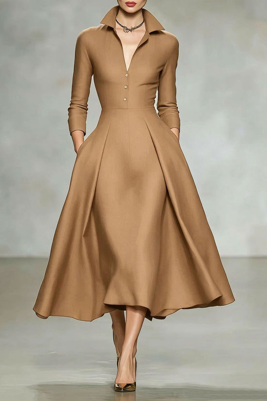 V-neck waist cinched long sleeved dress 