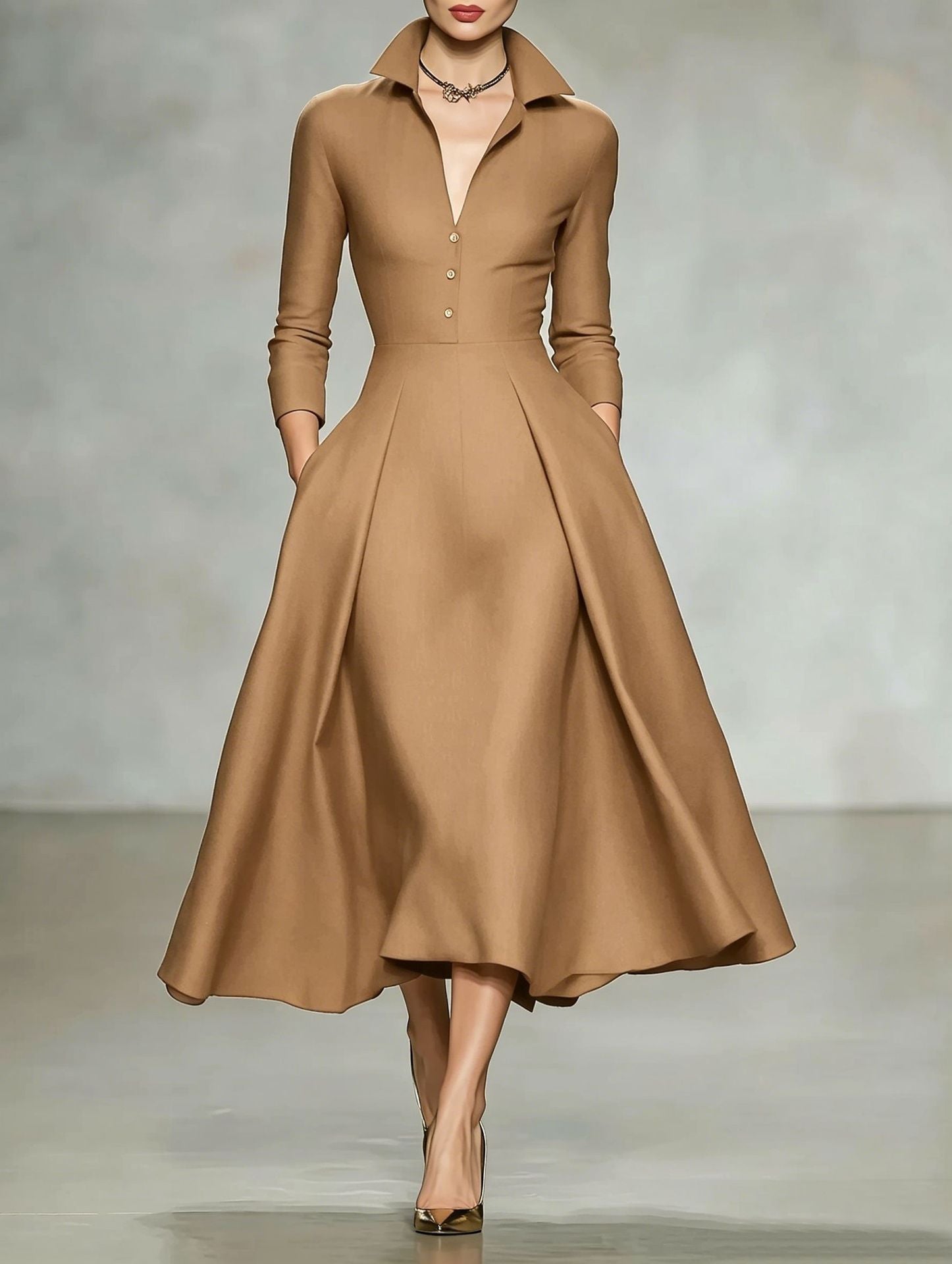 V-neck waist cinched long sleeved dress 