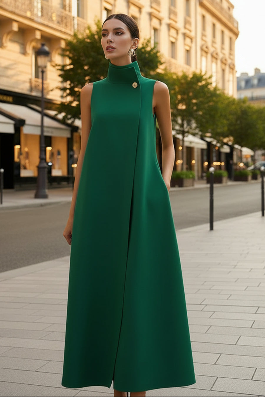 Elegant Sleeveless Long Dress with Stand Collar and Single Button Office Wear, Casual Fashion 
